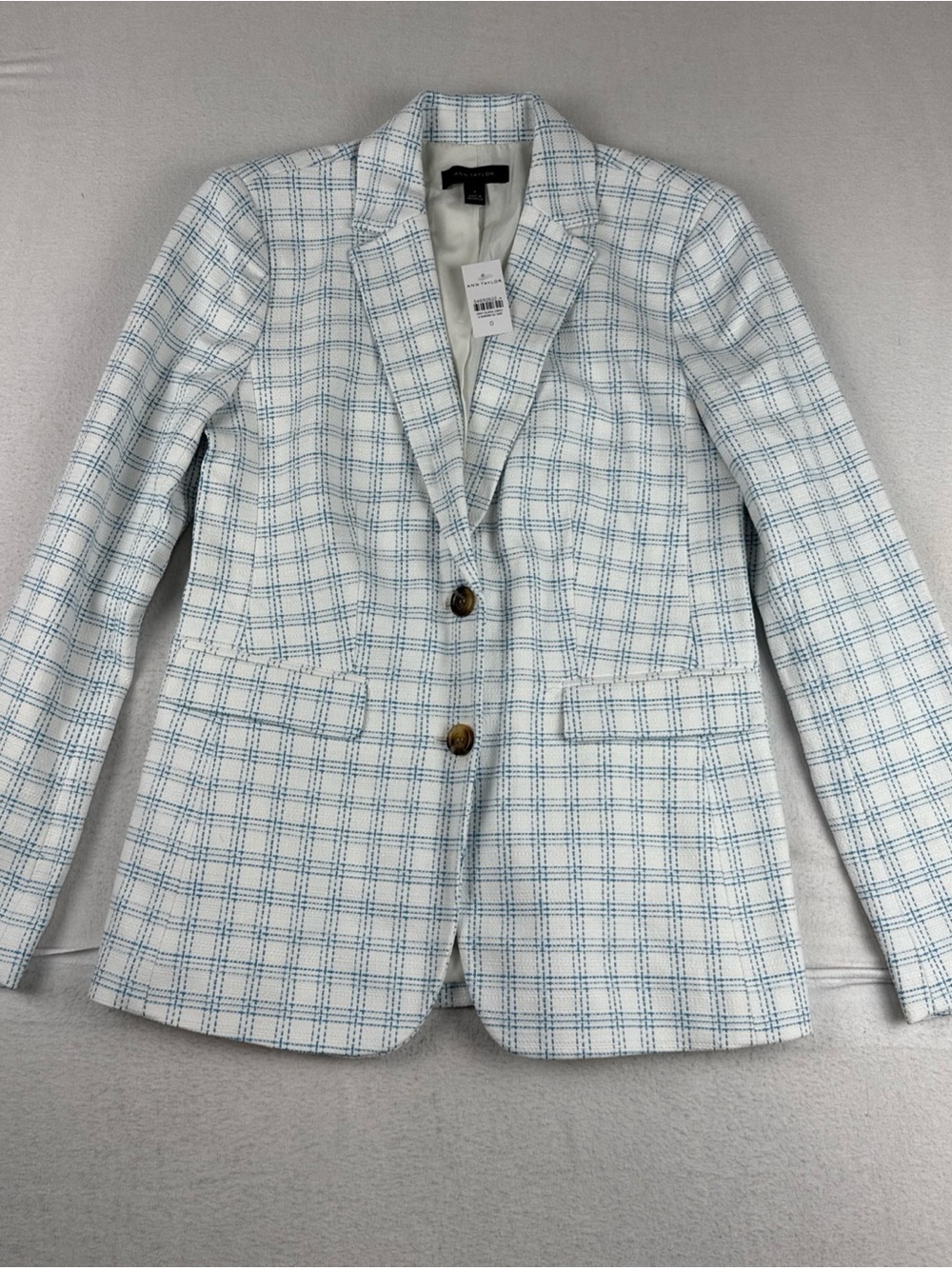 New! Ann Taylor White Blue Plaid Blazer Sz 0 Cotton Blend Coastal Preppy Resort